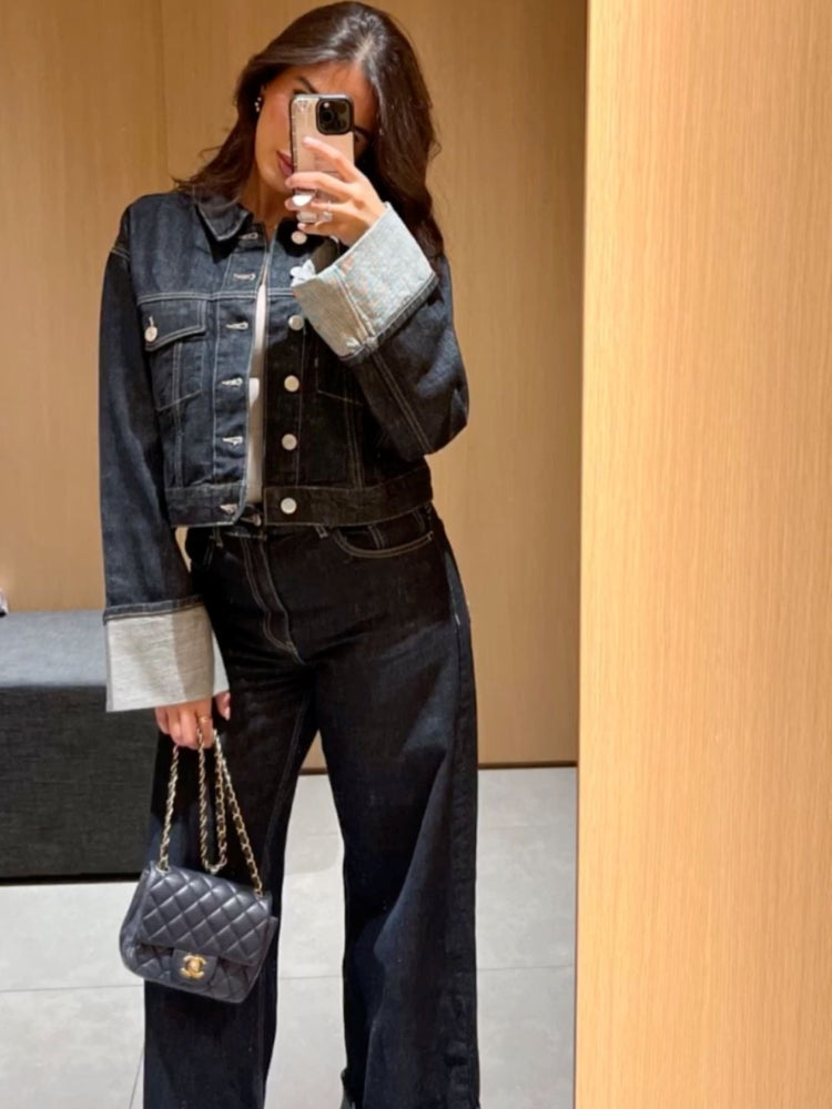 Clara – Souprava Denim s Trucker Bundou & Vysokým Pasem Džíny