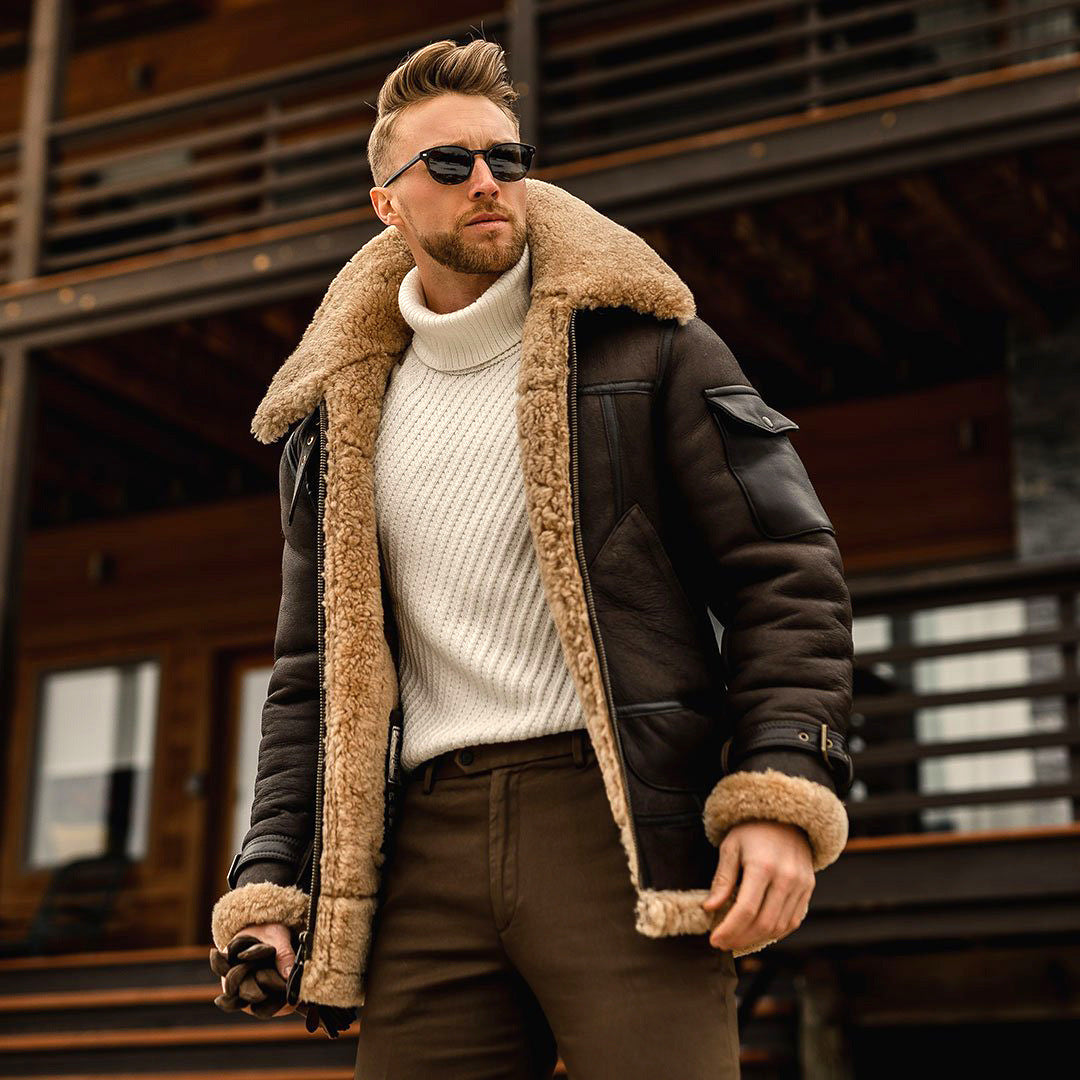 Richard - Taktická kožená bunda s kožešinovým límcem pro muže