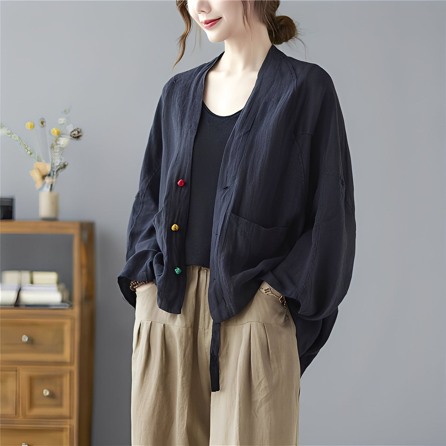 Shelia - Volný krátký cardigan s kapsami