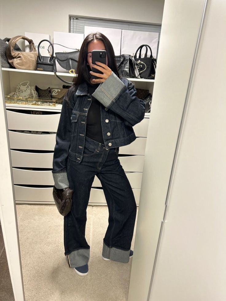 Clara – Souprava Denim s Trucker Bundou & Vysokým Pasem Džíny