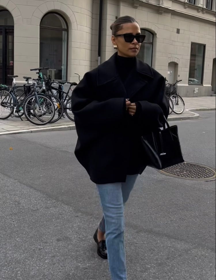 Elena – Kabát Oversize z Melírované Vlny Dvouradový