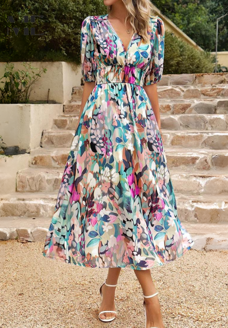 Precilla - Midi Šaty Elegantní Nafouklé Rukávy-Květinový-Šik