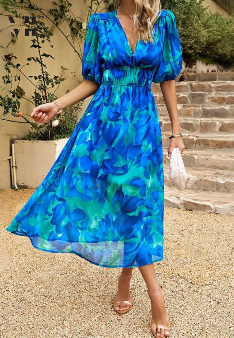 Precilla - Midi Šaty Elegantní Nafouklé Rukávy-Květinový-Šik