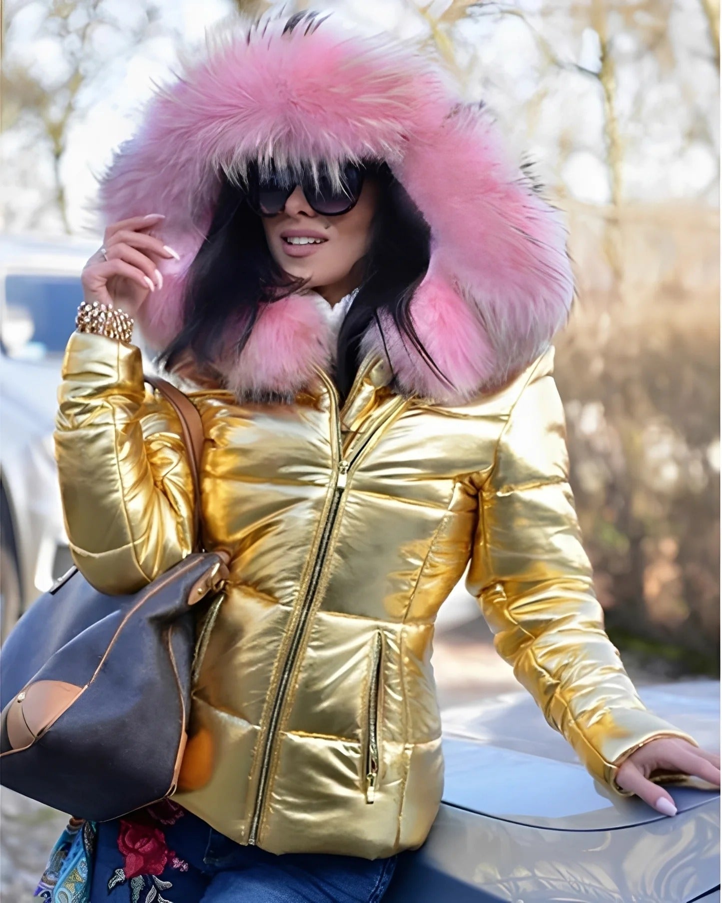 Jessica - Lesklá péřová bunda s kapucí pro ženy