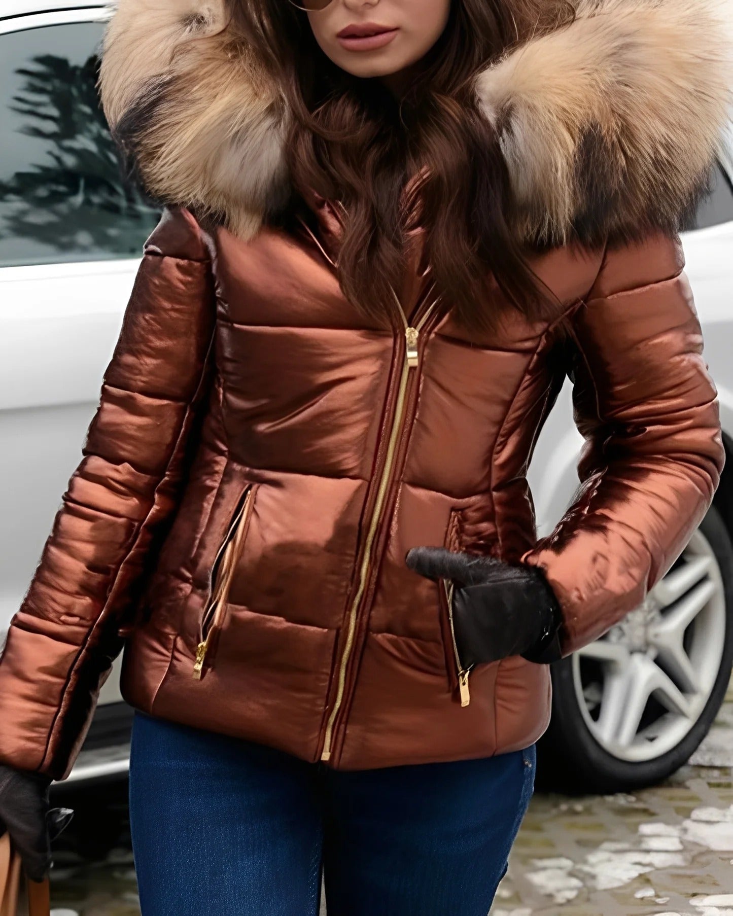 Jessica - Lesklá péřová bunda s kapucí pro ženy