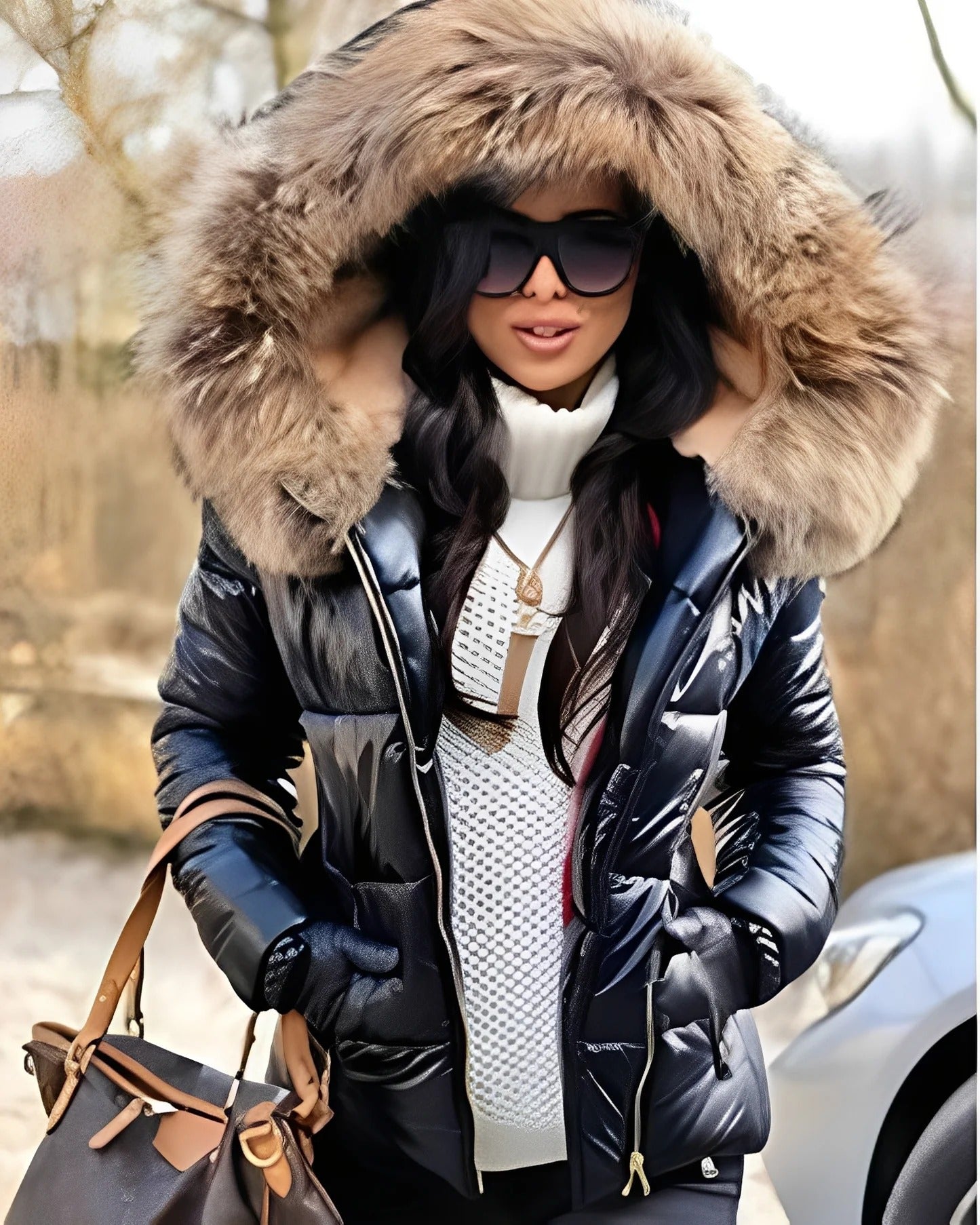Jessica - Lesklá péřová bunda s kapucí pro ženy