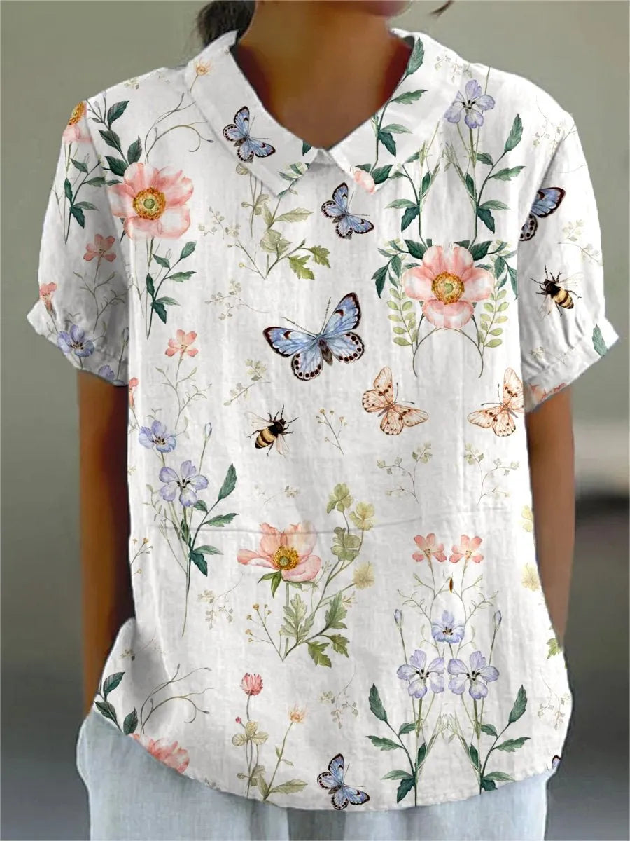 Hailey - Elegantní Bluza z Bavlny a Lnu s Květinovým Potiskem