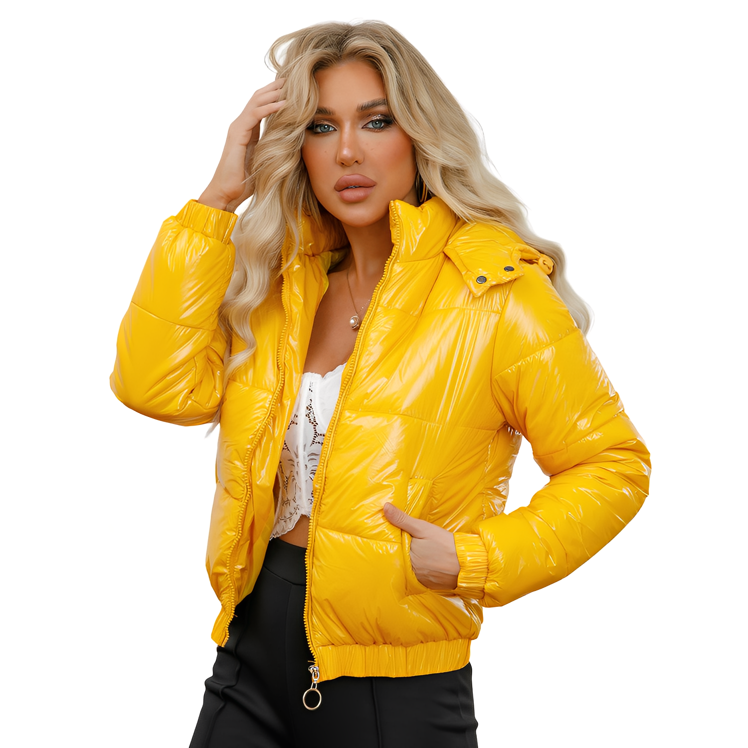 Yazmin - Stylová, lesklá bunda s kapucí pro ženy
