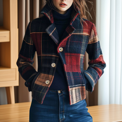 Aubriana - Retro-kostkovaná bunda se stojáčkem pro dámy