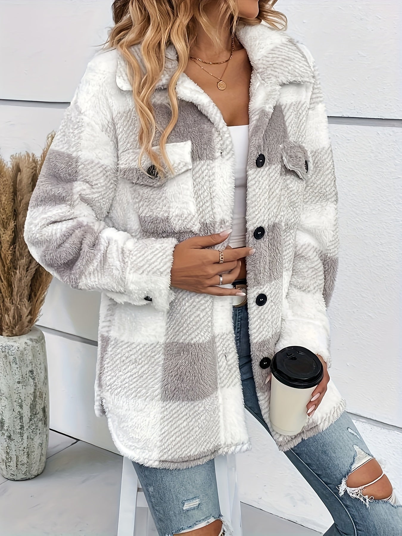 Julie - Teplá fleece bunda s kostkovaným vzorem pro ženy