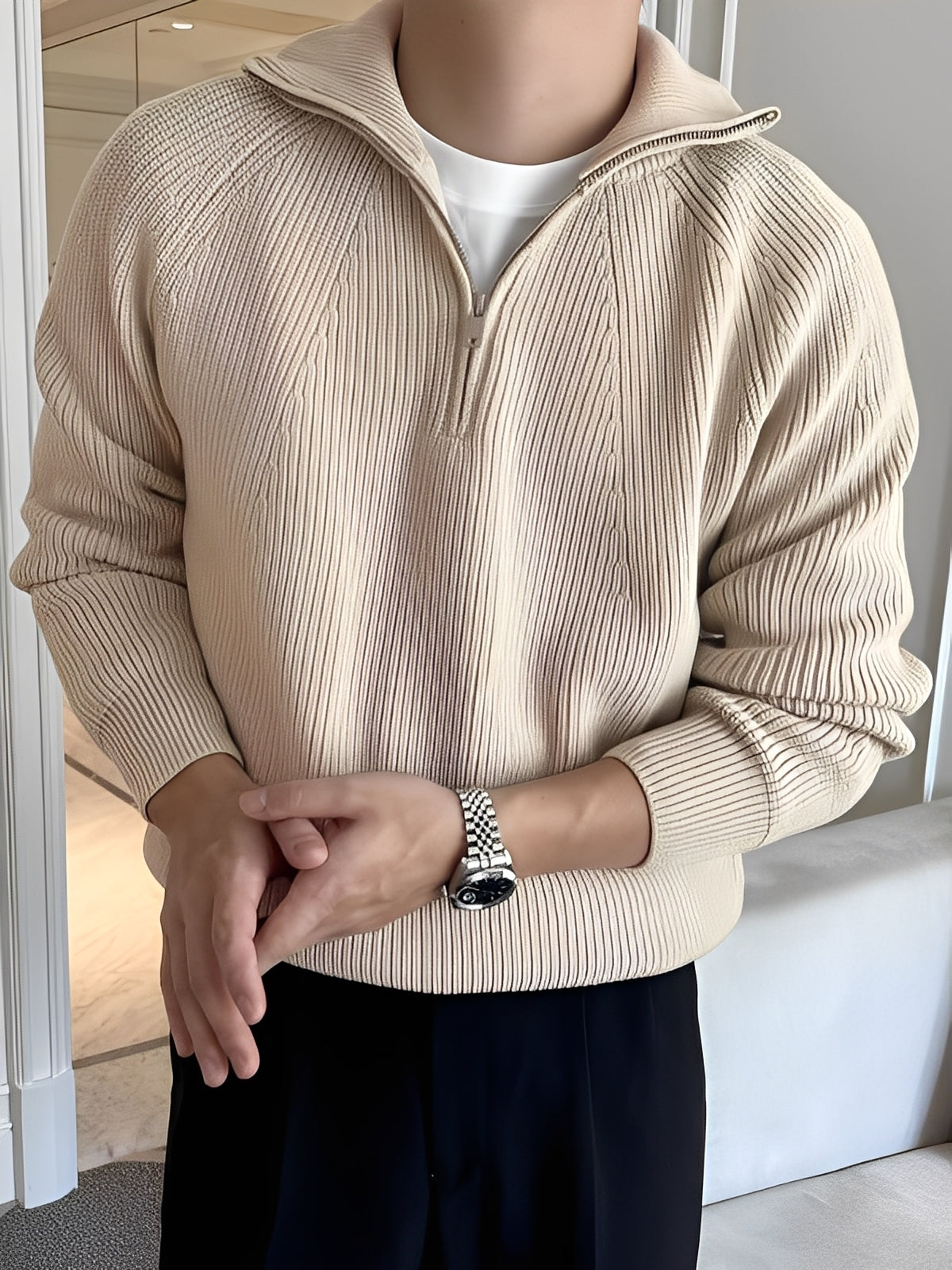 Lucas - Stylový pletený svetr s polovičním zipem pro muže