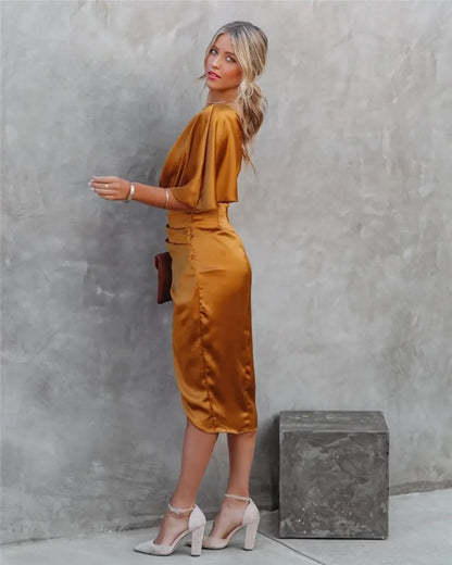 Aisha - Glamourózní Drapé Midi-Šaty pro Ženy