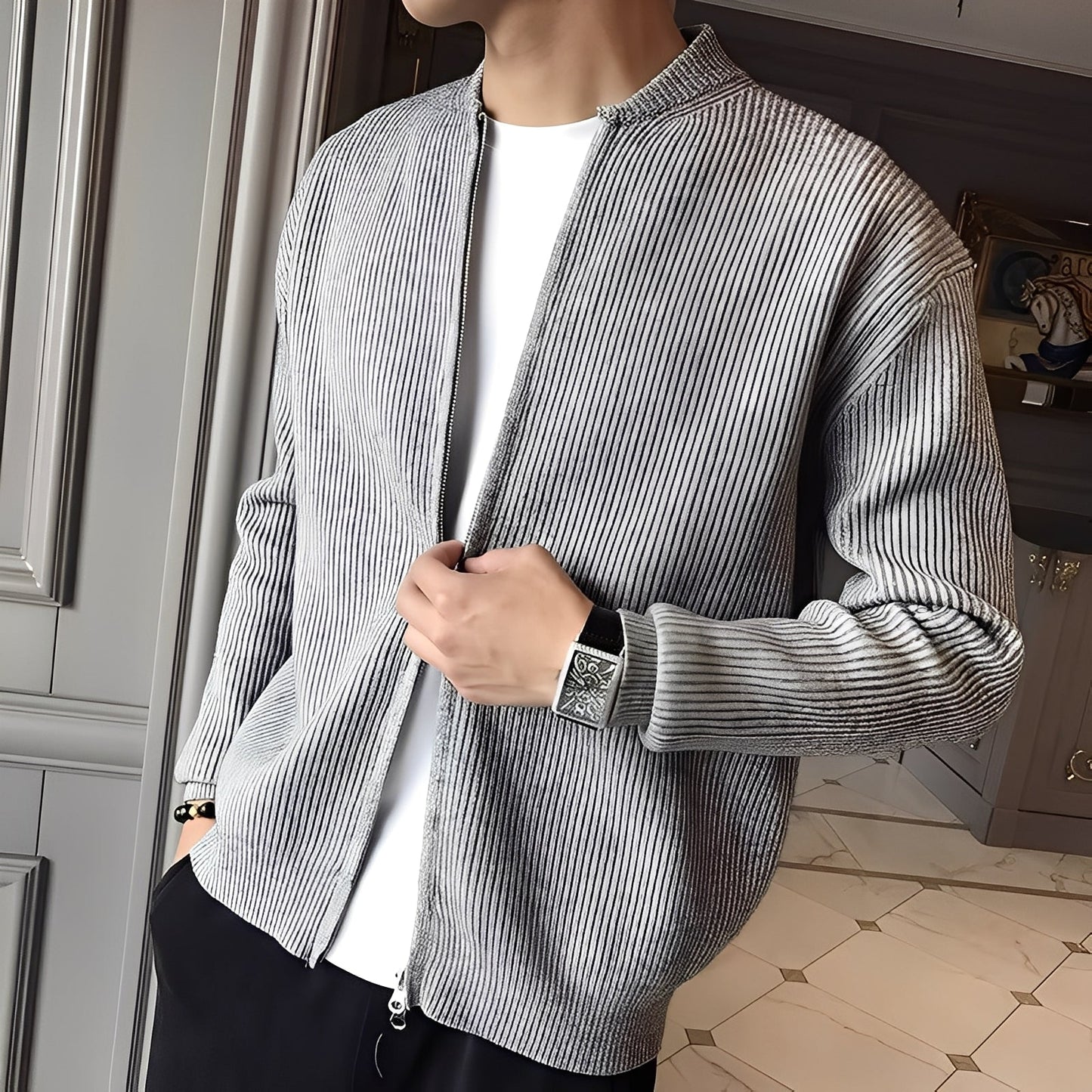 Damon - Retro pletený svetr s zipem pro muže