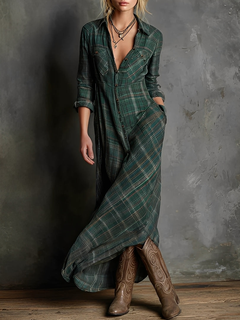 Émilien - Dámské dlouhé šaty s klopami a kostkovaným vzorem