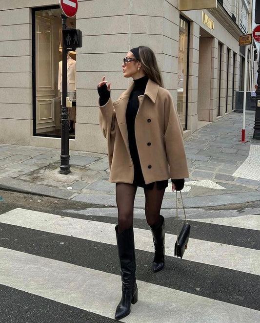 Elena – Kabát Oversize z Melírované Vlny Dvouradový