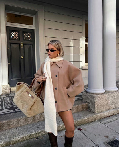 Elena – Kabát Oversize z Melírované Vlny Dvouradový
