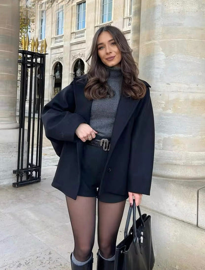 Elena – Kabát Oversize z Melírované Vlny Dvouradový