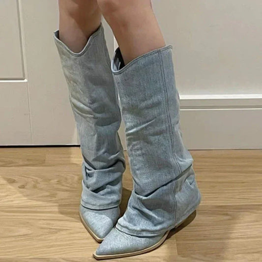 Estrid - Ponožkové kozačky z denimu pro ženy