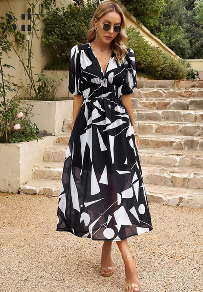 Precilla - Midi Šaty Elegantní Nafouklé Rukávy-Květinový-Šik