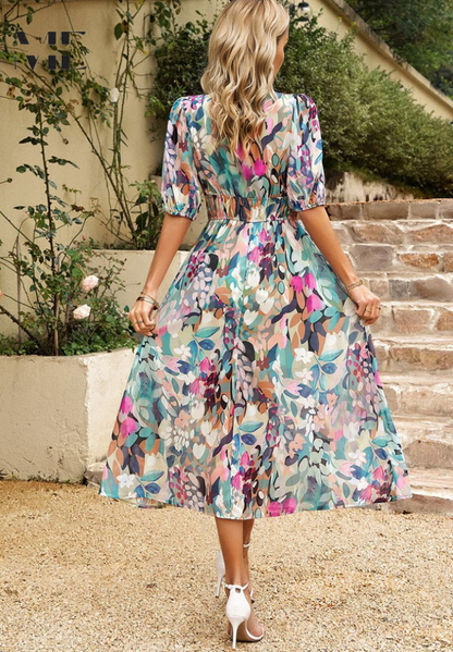 Precilla - Midi Šaty Elegantní Nafouklé Rukávy-Květinový-Šik