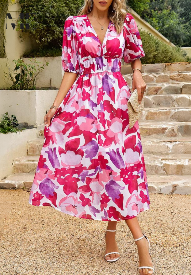 Precilla - Midi Šaty Elegantní Nafouklé Rukávy-Květinový-Šik