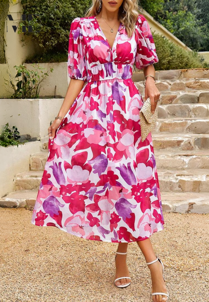 Precilla - Midi Šaty Elegantní Nafouklé Rukávy-Květinový-Šik