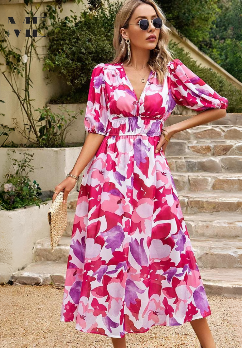 Precilla - Midi Šaty Elegantní Nafouklé Rukávy-Květinový-Šik