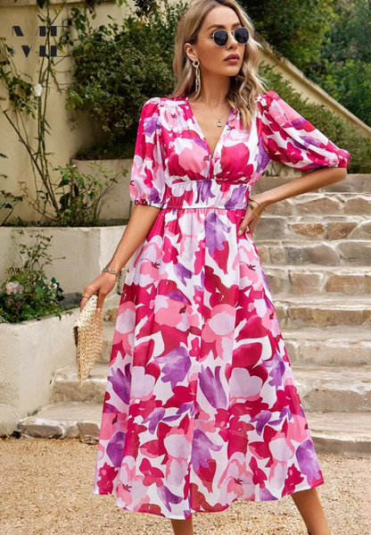 Precilla - Midi Šaty Elegantní Nafouklé Rukávy-Květinový-Šik