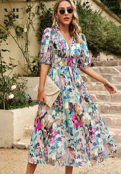 Precilla - Midi Šaty Elegantní Nafouklé Rukávy-Květinový-Šik