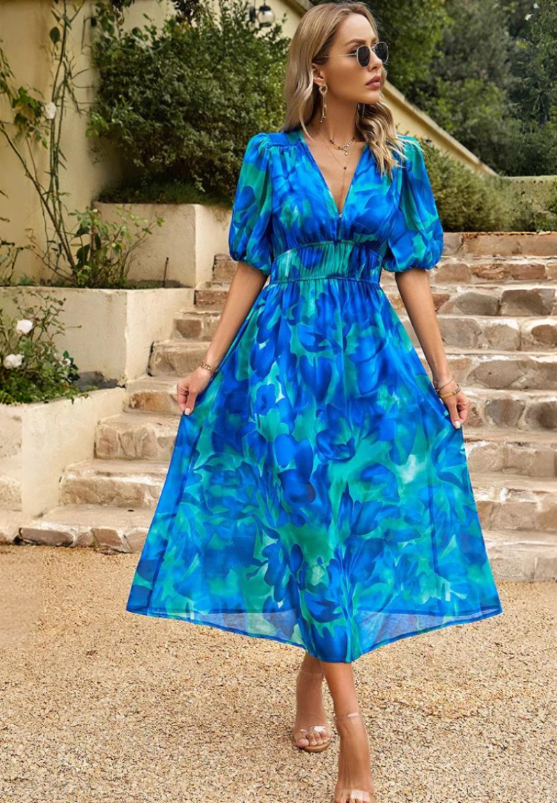 Precilla - Midi Šaty Elegantní Nafouklé Rukávy-Květinový-Šik
