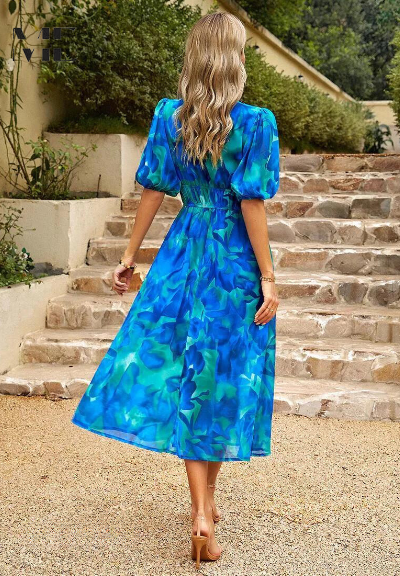 Precilla - Midi Šaty Elegantní Nafouklé Rukávy-Květinový-Šik