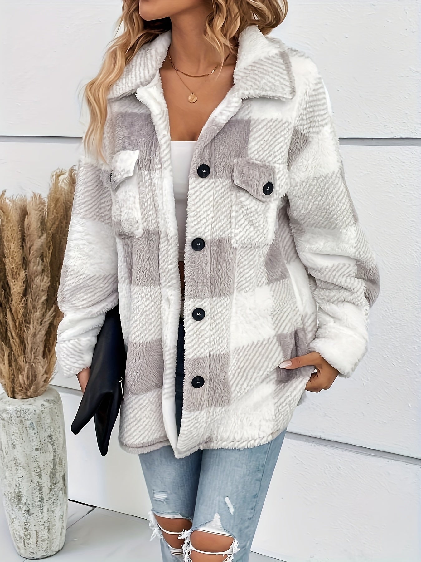 Julie - Teplá fleece bunda s kostkovaným vzorem pro ženy