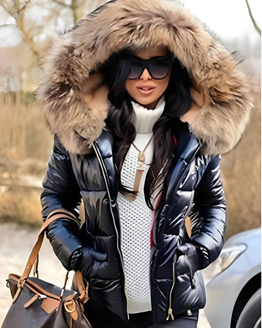 Jessica - Lesklá péřová bunda s kapucí pro ženy
