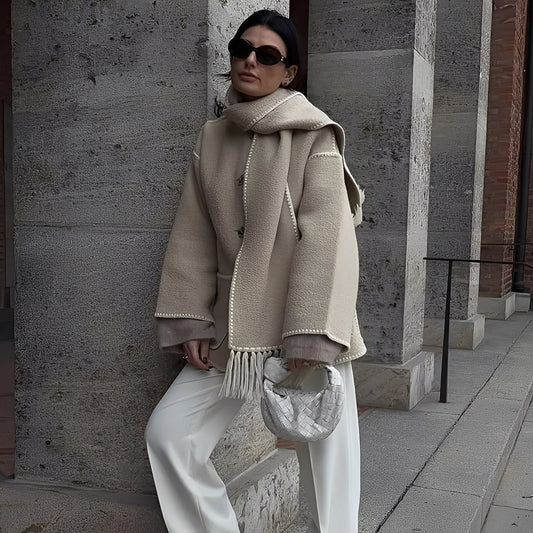 Amilia - Stylová, volně sedící vlněná bunda s šálou pro dámy