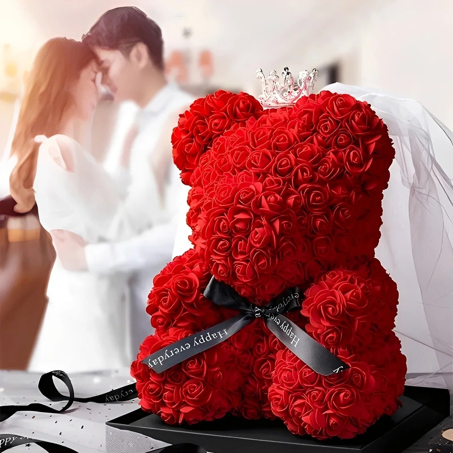Teddie - Romantický růžový medvídek s LED dárkovou krabicí na Valentýn