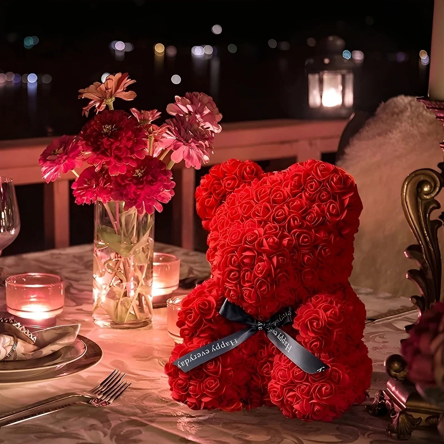 Teddie - Romantický růžový medvídek s LED dárkovou krabicí na Valentýn