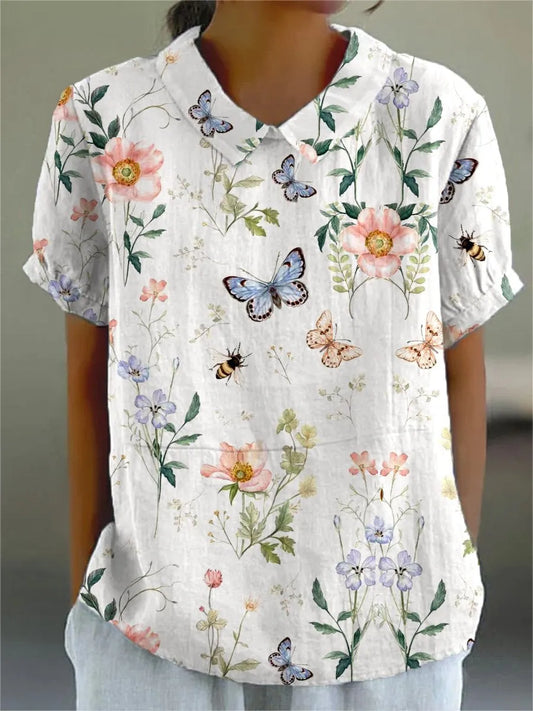 Hailey - Elegantní Bluza z Bavlny a Lnu s Květinovým Potiskem